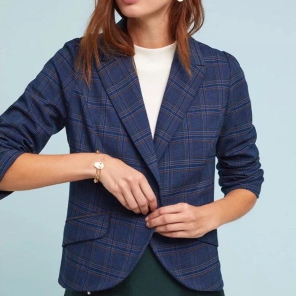 Anthropologie BB Dakota Plaid Hold Your Horses Blue Plaid Blazer Small